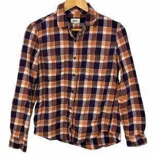 Pact Mila Organic Cotton Flannel Button Down Shirt Orange Purple Plaid S